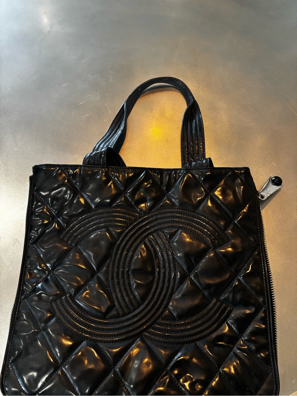 CHANEL Black Quilted Patent Tote with Logo Motif